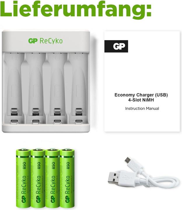 Produktbild GP Batteries USB-Modell Ladegerät GP E411 inkl. 4x ReCyko 1,2V AAA Micro 850 mAh Akkus (1 Stk., 850 mAh, Ladegerät inkl. Akku)