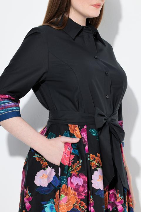 Image du produit Ulla Popken Robe chemisier à col chemise et manches 3/4, ceinture nouée (56)