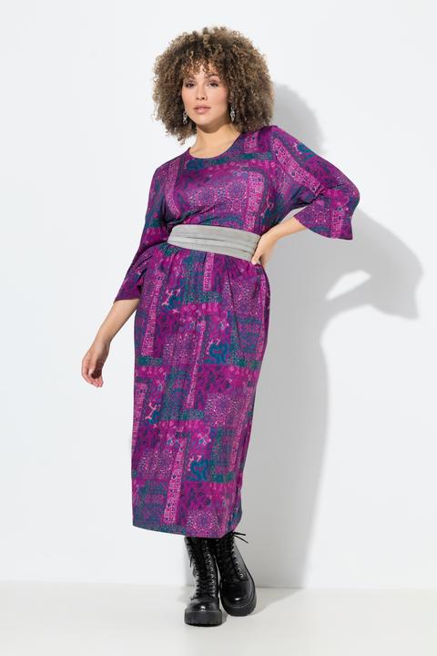 Produktbild Ulla Popken Jersey-Midikleid, Patchdruck, A-Linie, Rundhals, 3/4-Arm (50, 52)