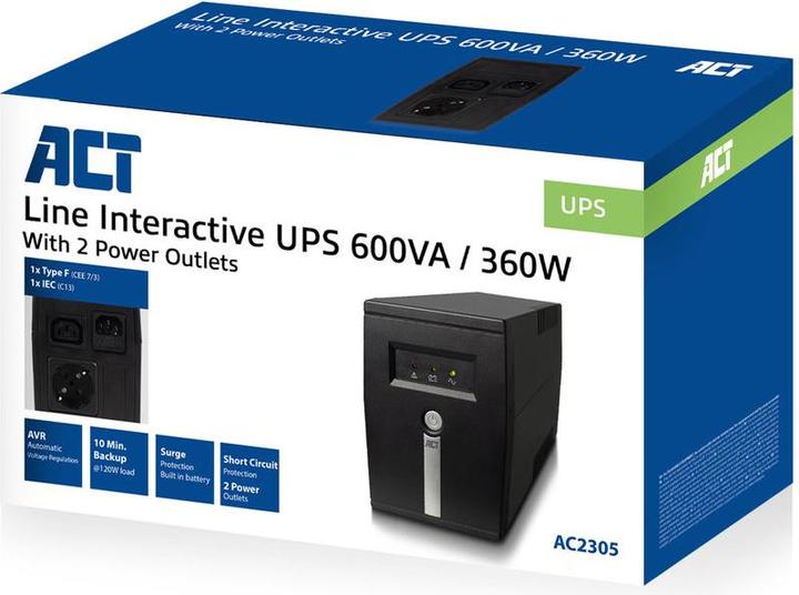 Produktbild ACT UPS, 600VA, 1x IEC (C13) + 1x Type F outlet, 1x IEC C14 input, 230V, AVR (600 VA, 360 W, Line-Interaktiv USV)