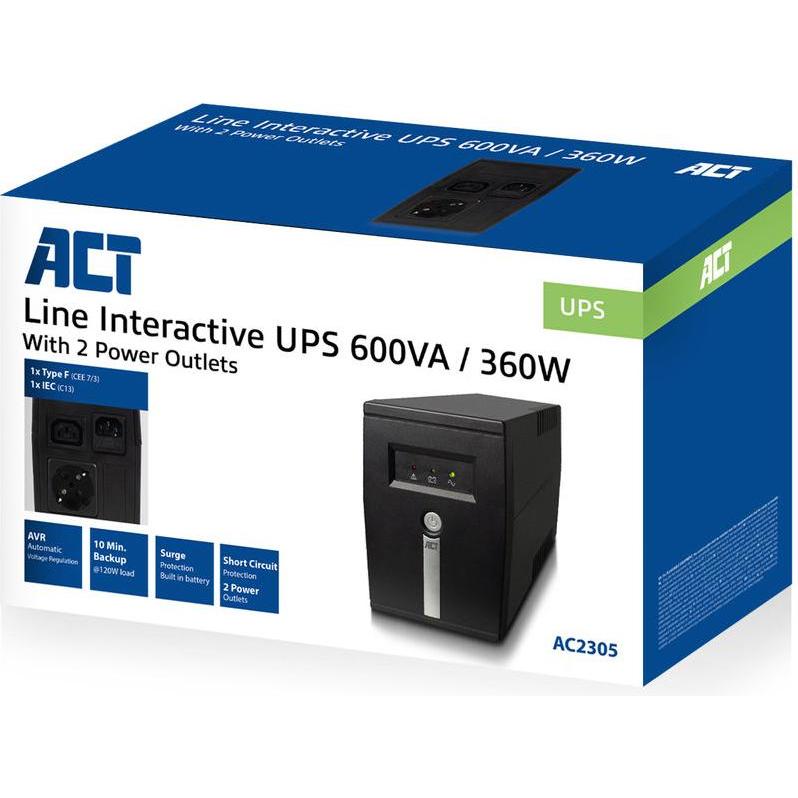 Thumbnail - ACT UPS, 600VA, 1x IEC (C13) + 1x Type F outlet, 1x IEC C14 input, 230V, AVR (600 VA, 360 W, Line-Interaktiv USV), USV