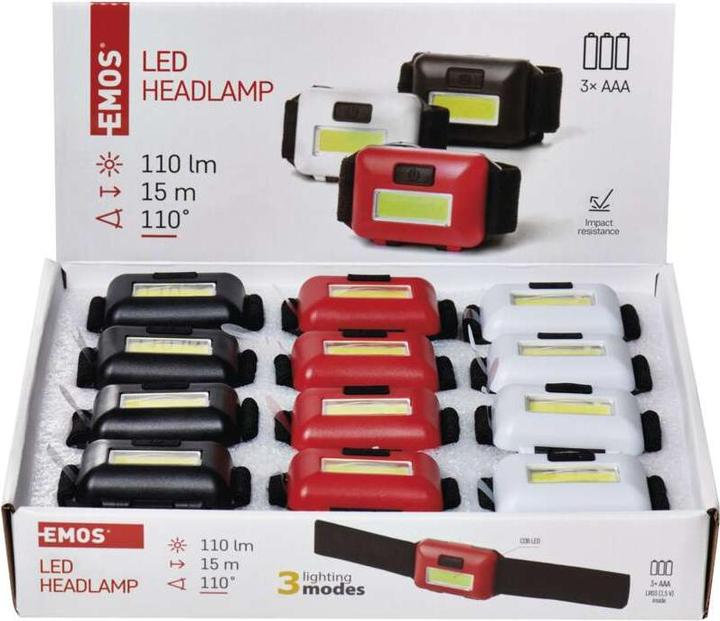 Actual product image Emos COB LED headlamp P3538, 110 lm, 3x AAA, 12 pcs., box (110 lm)