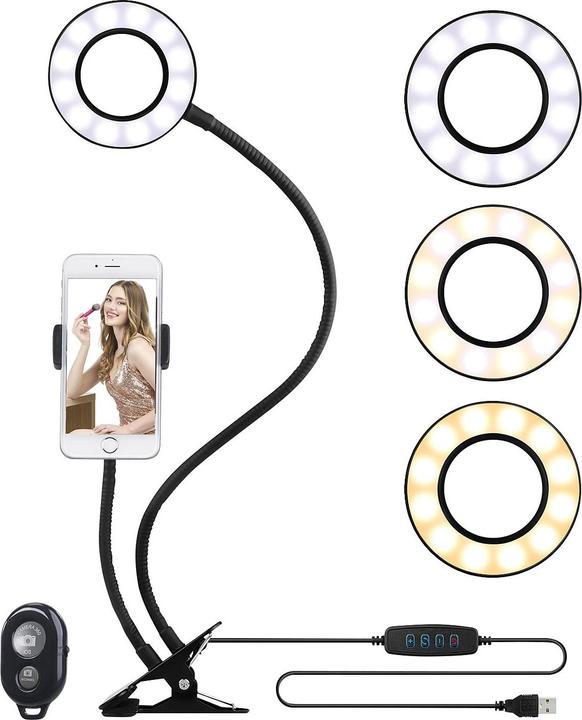 Produktbild Somikon USB-Ringlicht mit Smartphone-Halter & Fernauslöser, Ø 3,5" / 9 cm