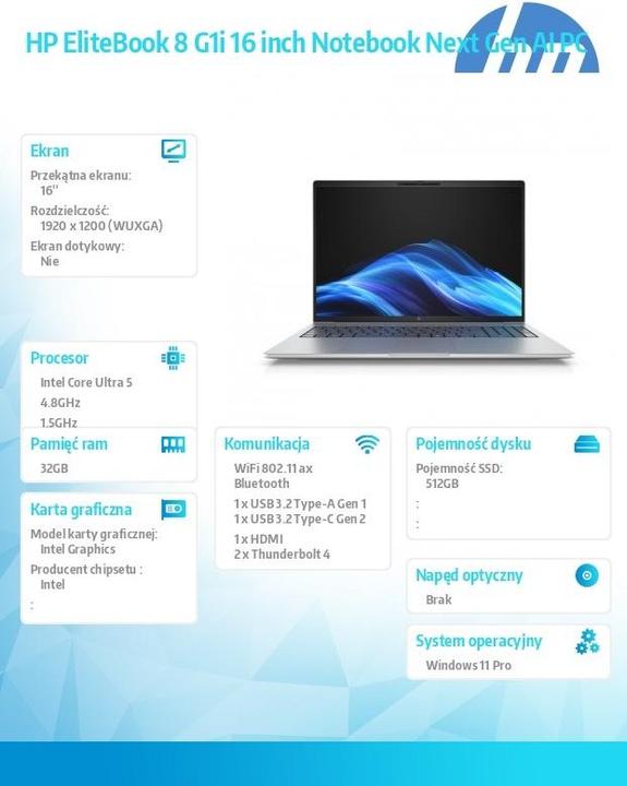 Actual product image HP EliteBook 8 G1i 16 inch Notebook AI PC (16", 512 GB, 32 GB, Numeric keypad)