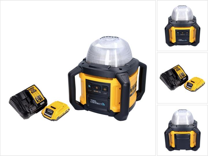 1x DeWalt DCL 074 cordless construction site spotlight, 1x Dewalt DCB 183 18 V 2.0 Ah battery, 1x Dewalt DCB charger