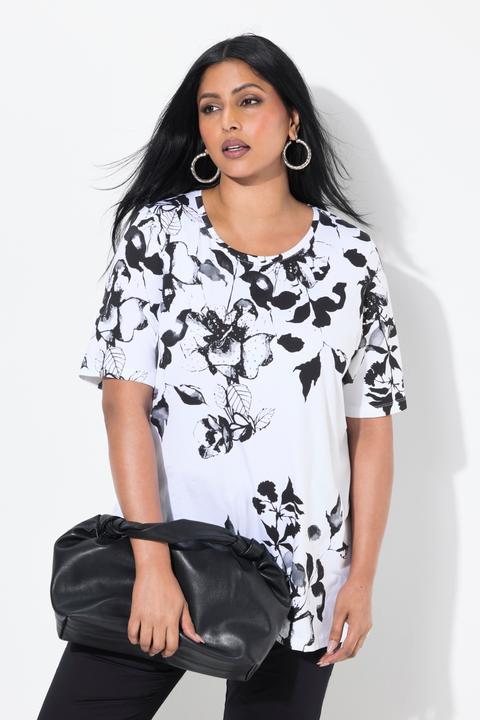 Immagine prodotto Ulla Popken T-shirt dal taglio svasato in cotone Pima con fiori, scollo a girocollo e mezze maniche (42, 44)