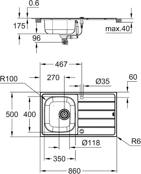 Immagine prodotto Grohe Lavello in acciaio inox K200 con sgocciolatoio (Lavandino montato in alto, 50 cm, 86 cm)