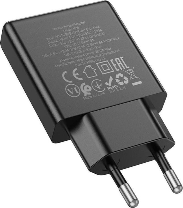 Actual product image Hoco Adapter slim wall charger USB A + Type C PD QC3.0 3A 20W N38 black (20 W)