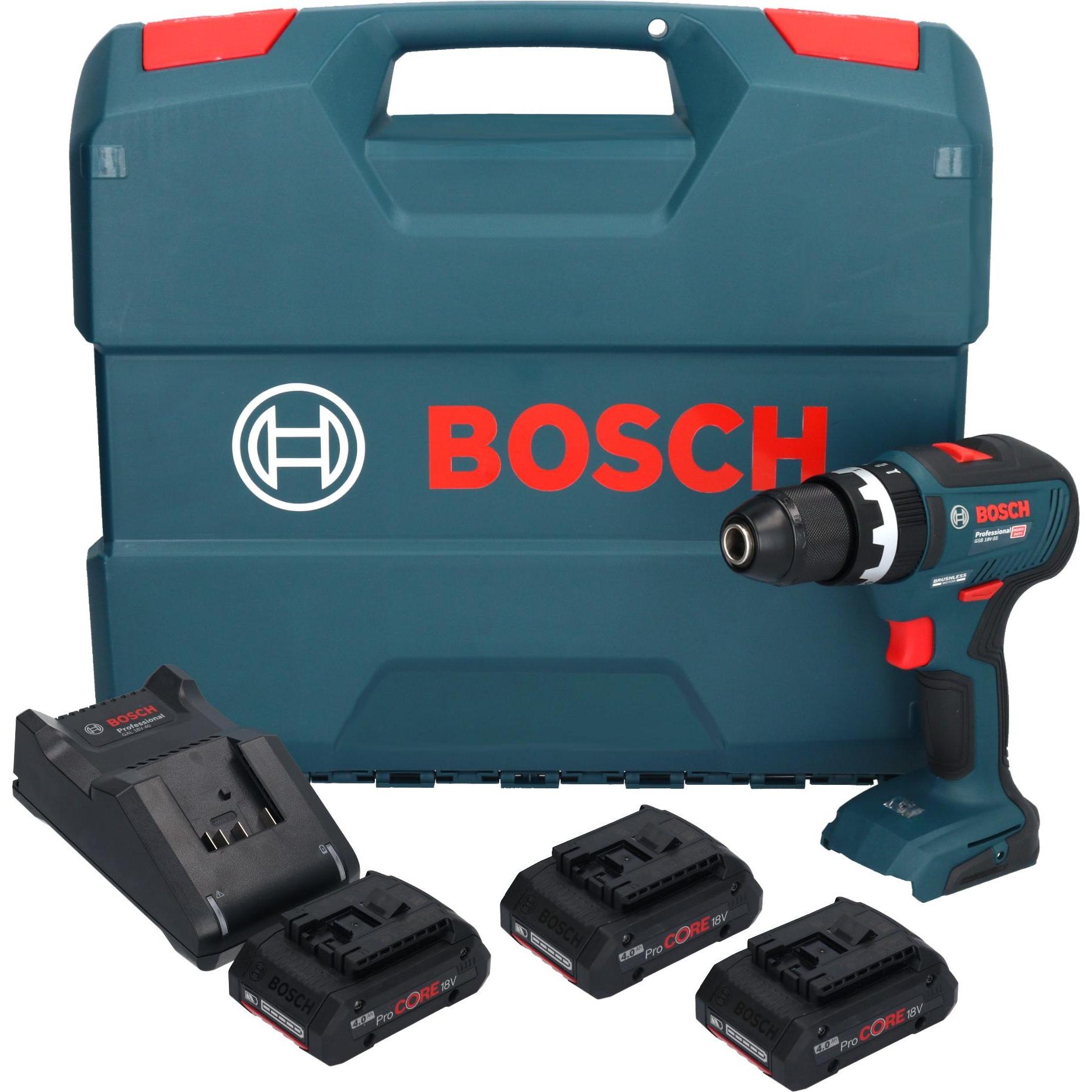Bosch Professional, Trapano + Avvitatore a batteria, Set professionale: trapano a percussione a batteria GSB 18V-55, 3 x ProCORE18V 4.0Ah, valigetta a