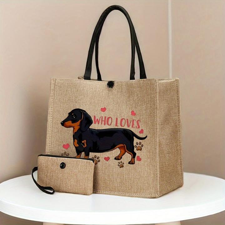 Immagine prodotto Only-Bags.Store 2 Stück Hundedruck Canvas Tote Bags - Leichte Reise- und Strandtaschen mit Schnallenverschluss