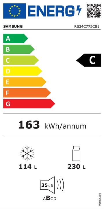 Etichetta energetica Samsung RB34C775CB1, No Frost (koelkast), SN-ST, 8 kg/24u, C, Vers zone compartiment, Grafiet (344 l)