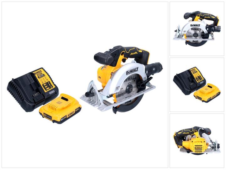 1x DeWalt DCS 565 cordless portable circular saw, 1x saw blade, 1x rip fence, 1x DeWalt DCB 183 18 V 2.0 Ah battery, 1x DeWalt DCB charger