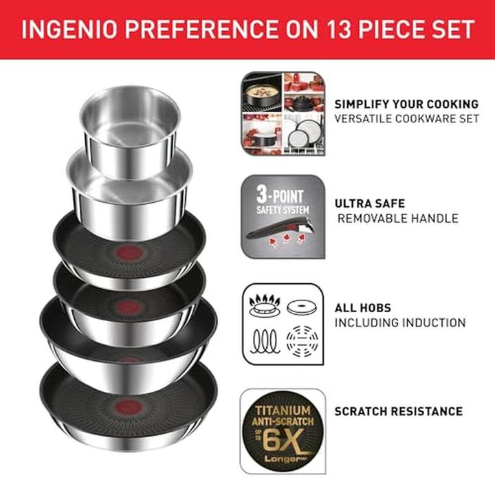 Produktbild Tefal Ingenio Preference On 13-teiliges Set (Wok Pfanne, Pfannenset + Topfset, Kochtopf, Bratpfanne, Stielkasserolle, Edelstahl)