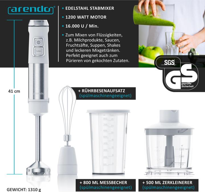 Produktbild Arendo Stabmixer 1200W, Pürierstab Edelstahl Set mit Messbecher, Zerkleinerer, Schneebesen, DC Motor, Weiss