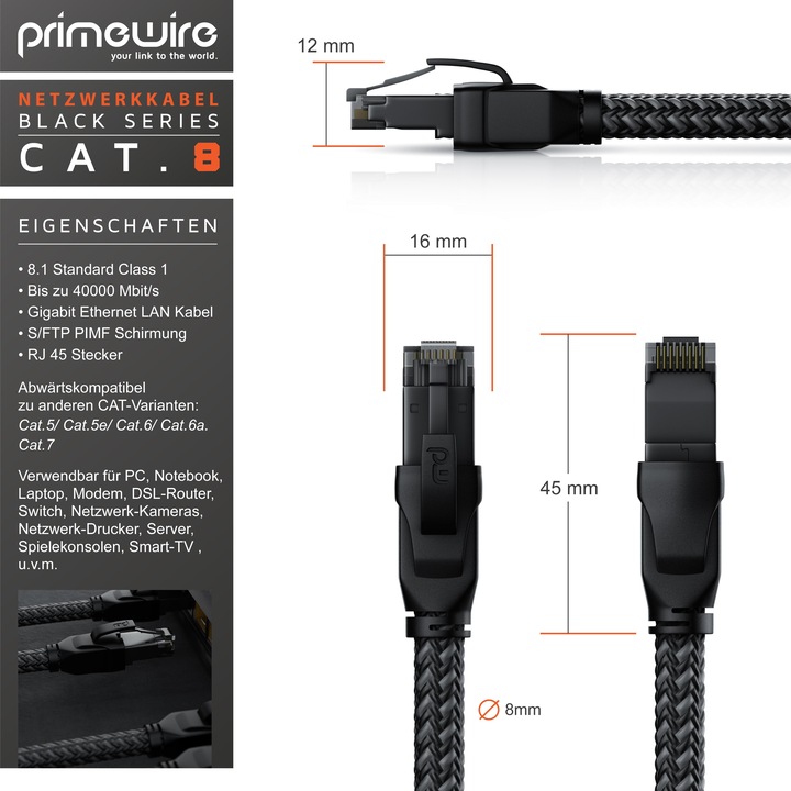 Actual product image Primewire Network cable CAT.8, RJ-45, Ethernet, patch cable CAT 8, Gigabit Ethernet 40 Gbit/s S/FTP LAN cable (S/FTP, CAT8.1, 15 m)