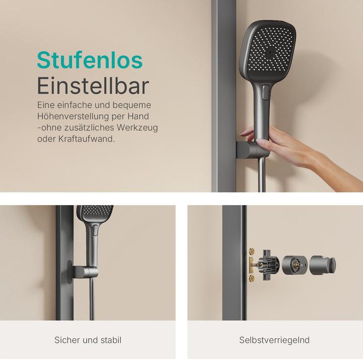 Produktbild Emke Duschsystem mit Thermostat Anthrazit Matt Einstellbarer Durchfluss 4-Strahl Handbrause inkl Brausest