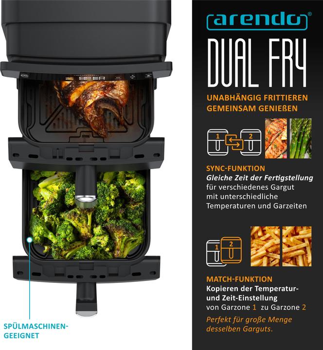 Produktbild Arendo Heissluftfritteuse, 2 Kammern Übereinander, XXL Doppelkammer Airfryer 11 L, Dual Zone, 2400 W