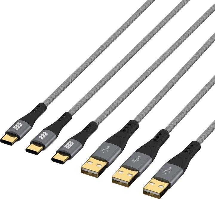 Actual product image EFB Elektronik EFB USB-A to USB-C cable set 60W QC 3A 3x2m gray gold contacts textile jacket (2 m, USB 2.0, 60 W)