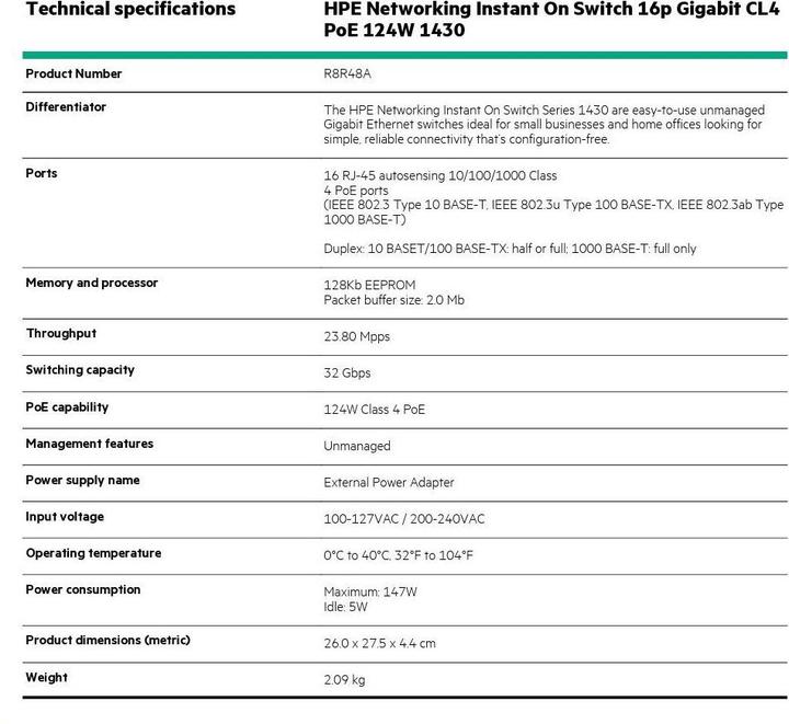 Nährwerte und Zutaten HPE HP Switch 1430 16G PoE 124W 16x10/100/1000 PoE (16 Ports)
