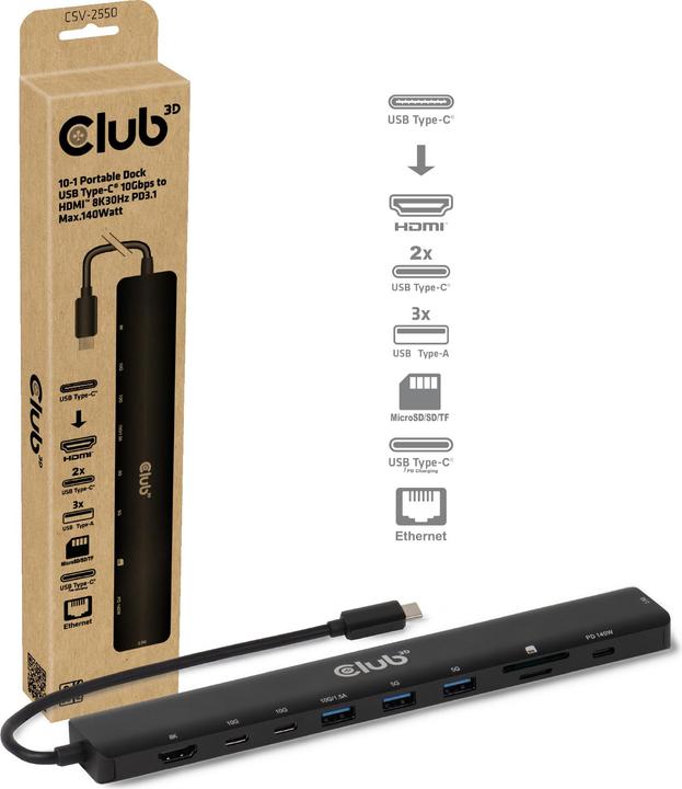 Actual product image Club 3D Club3D Tragbare Docking USB-C ->2xUSB-C/3xUSB-A/HDMI/SD BK retail (USB-C, 10 ports)