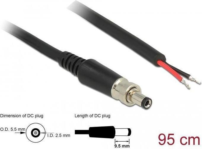 Produktbild Delock Stromkabel DC jack 5.5 mm x 9.5 mm (ID: 2.5 mm) (M) bis ohne Stecker (0.95 m)