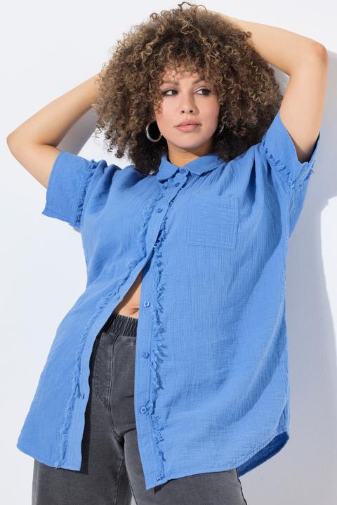 Produktbild Ulla Popken Musselin-Bluse, Oversized, Fransen, Hemdkragen, Halbarm (42, 44)