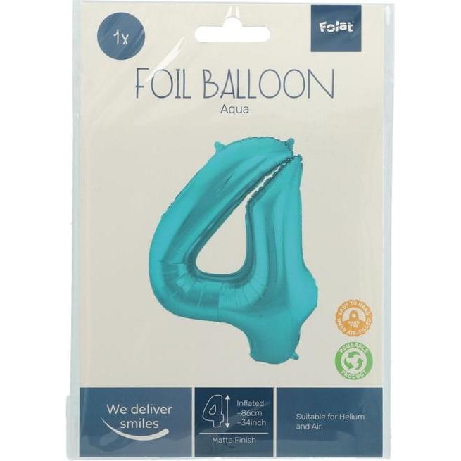 Thumbnail - Folat Folienballon Nummer 4 Pastell Aqua Metallic Matt -
