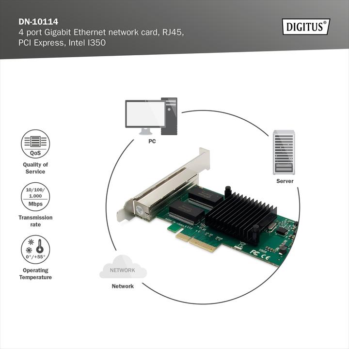 Produktbild Digitus Netzwerkkarte 4Port RJ45 Intel I350 Server NIC (Mini PCI Express)