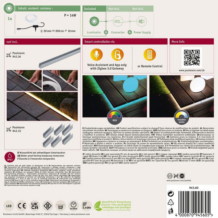 Image du produit Paulmann Luminaires Plug & Shine Smooth RGB+ TW (RGBW, 200 cm, Extérieur)