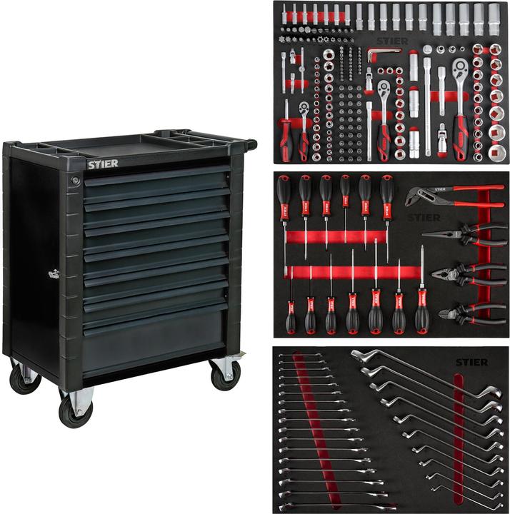 Stier Servante d'atelier avec dispositif de protection et porte latérale, garnie, 223 pièces (223 x)