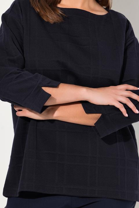 Actual product image Ulla Popken Textured Grid Check 3/4 Sleeve Boat Neck Sweatshirt (46, 48)