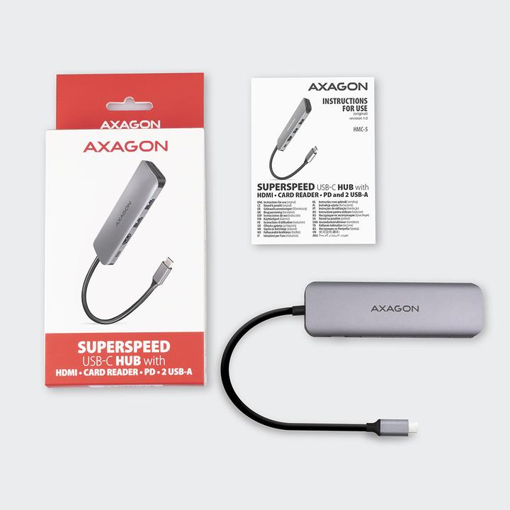 Produktbild Axagon HMC-5 USB-C-Hub, 2x USB-A, HDMI, 2x USB-C 3.2 Gen 1, 1x SD, 1x microSD (USB-C, 2 Ports)