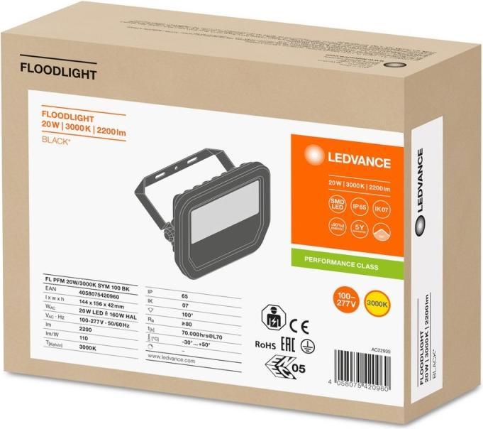 Actual product image Ledvance FL PFM 20 W 3000 K SYM 100 BK LED Floodlight Warm White (2200 lm, IP65)