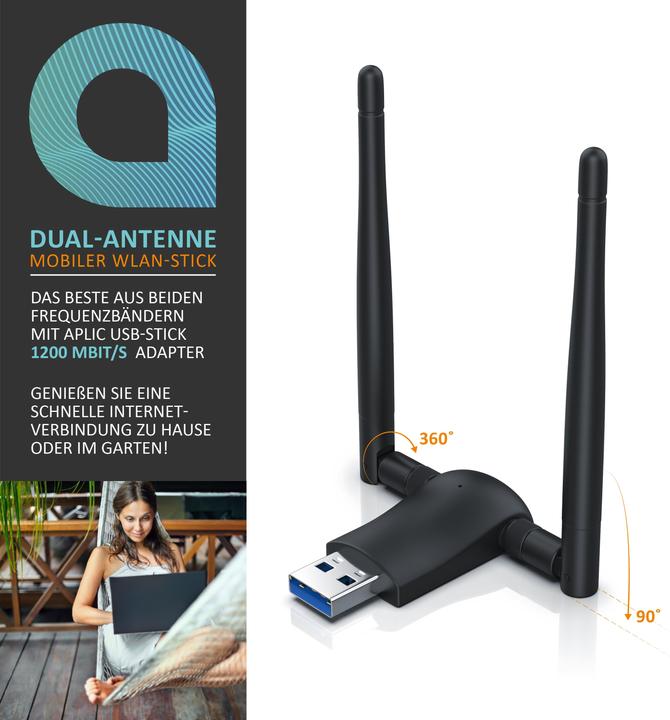 Immagine prodotto Aplic WLAN Stick, Dongle WIFI USB 3.0, 1200 MBit/s Dual Band 2.4 + 5 Ghz antenne esterne (USB)