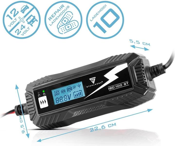 Produktbild Stahlwerk Batterieladegerät IBC-100 ST mit Mikroprozessor und 10 Lademodi (12V, 24V, 10 A)