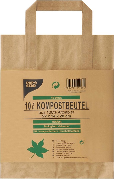 Image du produit Papstar Sac à compost avec anse, marron, 10 litres, par 15, 100% papier recyclé, épaisseur : 80 g/qm (15 x, 10 l)