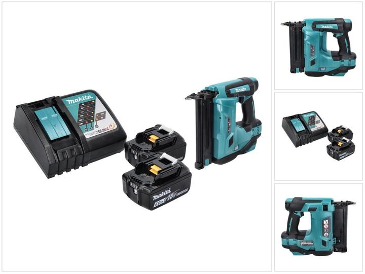1x Makita DBN 500 cordless upright nailer, 2x Makita BL 1850 B 18 V 5.0 Ah battery, 1x Makita DC 18 RC battery charger