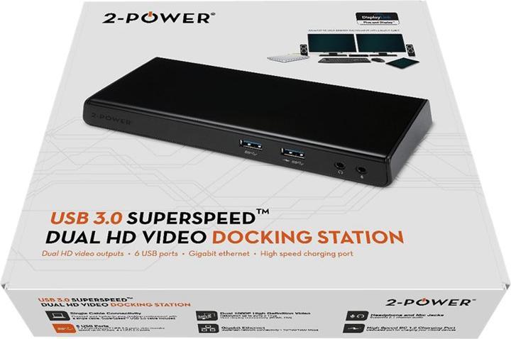 Produktbild 2-Power USB 3.0 Dual Display Docking Station includes power cable. For UK,EU. (USB-A, 6 Ports)