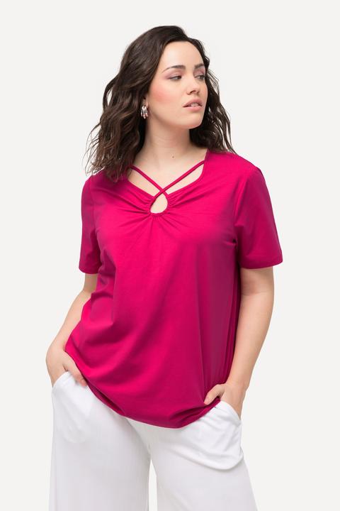 Image du produit Ulla Popken T-shirt à rubans fantaisie, manches courtes et découpe (58)