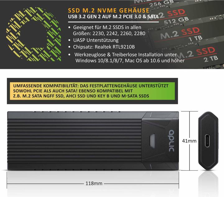 Image du produit Aplic Boîtier pour disque dur, boîtier M.2 NVMe USB 3.2 Gen2, PCIe 3.0 & SATA, Compatible avec 2242 (M.2 2230, M.2 2242, M.2 2260, M.2 2280)