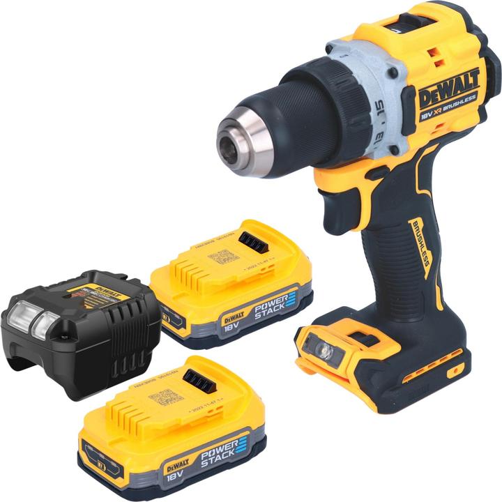 Actual product image DeWalt DCD 800 E2 Akku Bohrschrauber 18 V 90 Nm Brushless + 2x Powerstack Akku 1,7 Ah + Ladegerät (Rechargeable battery operated)