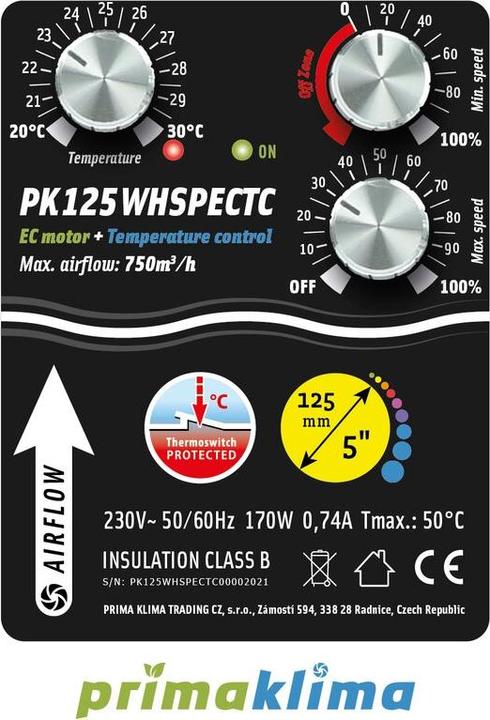 Immagine prodotto Prima Klima Ventilatore a tubo EC 125 / Ventilatore silenziato Whisperblower Temp. controllato
