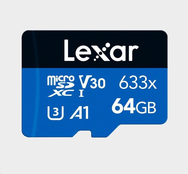 Actual product image Lexar 64GB High-Performance 633x microSDXC UHS-I, up to 100MB/s read 20MB/s write (64 GB, microSDXC, U3, UHS-I)