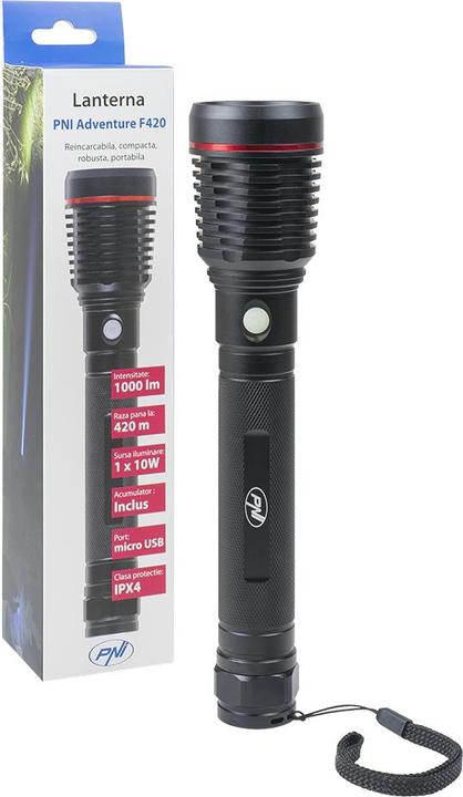 Actual product image PNI Adventure F420 aluminium torch with LED 1000 lm up to 420 m, 8000 mAh battery, works 10 s