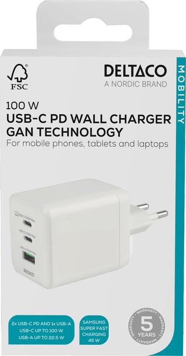 Actual product image Deltaco USB GaN wall charger 100 W, 1x USB-A, 2x USB-C, PPS, white (100 W, 3 ports)