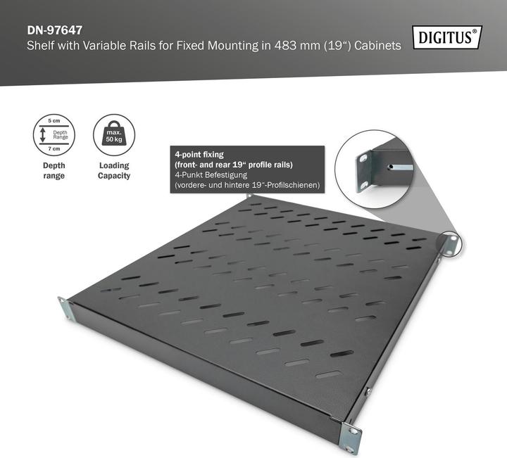 Image du produit Digitus DN-19 TRAY-1-800-SW Étagère fixe 525mm, max. 50kg noir