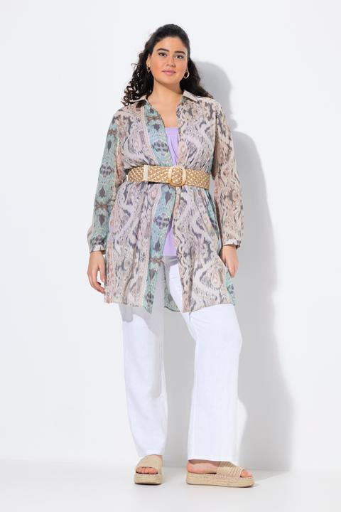 Image du produit Ulla Popken Chemisier long, mélange d'imprimés, coupe évasée, col chemise, manches longues (46, 48)