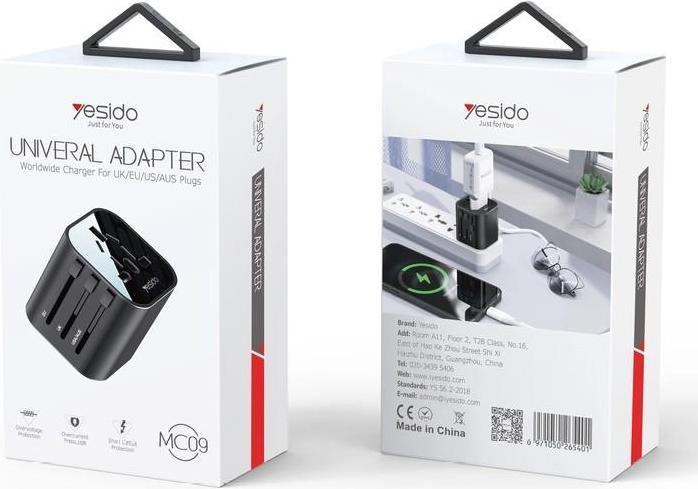 Actual product image Yesido - Wall Charger (MC09) - for Travel, EU, UK, US, AUS, 3.4A - Black