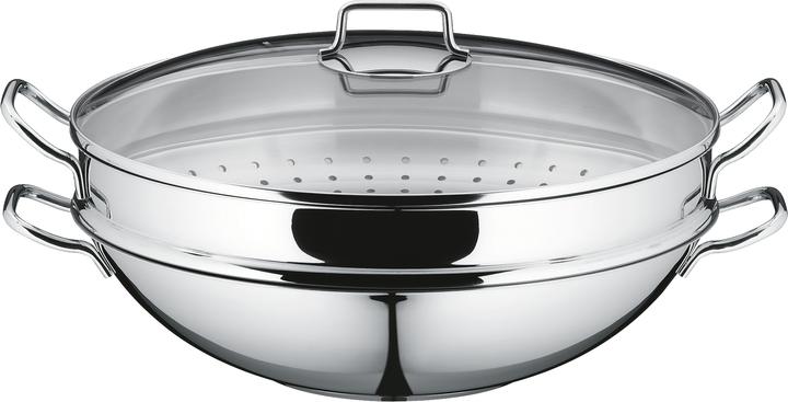 WMF Wok Set 4tlg Wokpfanne 36cm 4,5l Glasdeckel Induktion Edelstahl (36 cm, Wok Pfanne, Edelstahl)