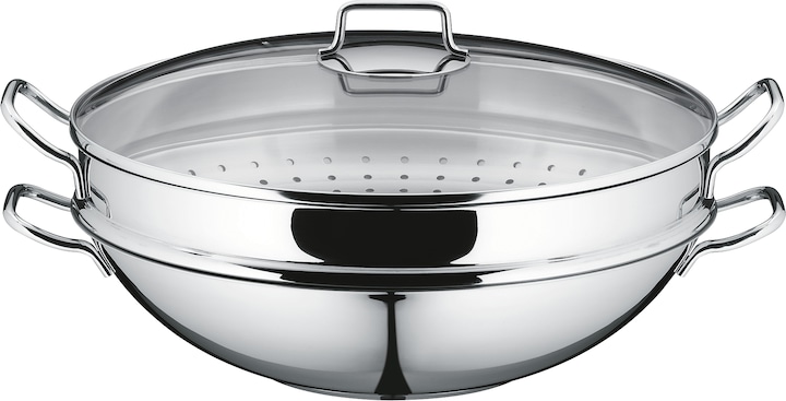 WMF Wok Set 4tlg Wokpfanne 36cm 4,5l Glasdeckel Induktion Edelstahl (36 cm, Wok Pfanne, Edelstahl)